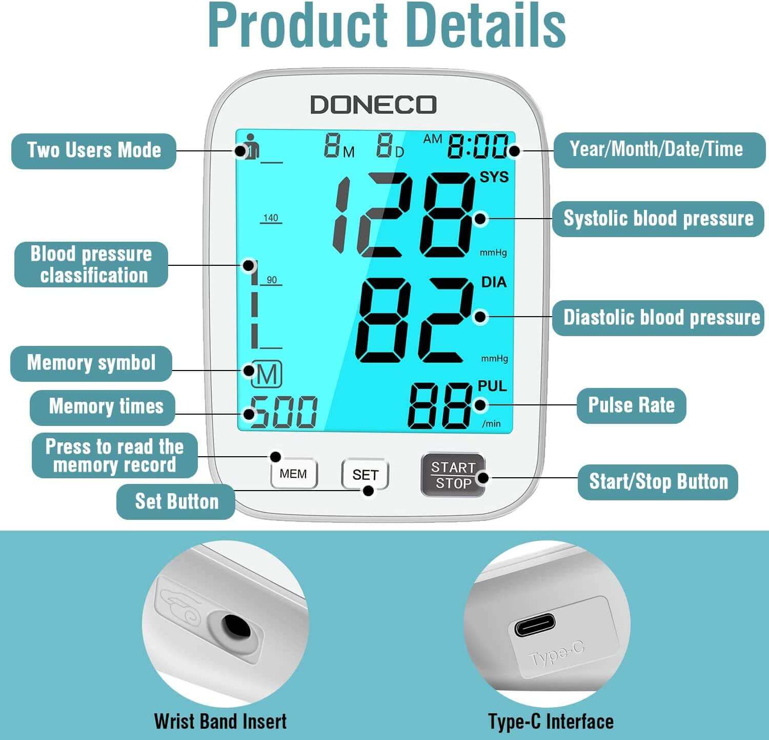 DONECO Blood Pressure Monitor Upper Arm Automatic Digital BP Monitor Adjustable Large Cuff Backlit Display 2x500 Memory Includes Batteries Monitoring Meter for Home Use - Product Details