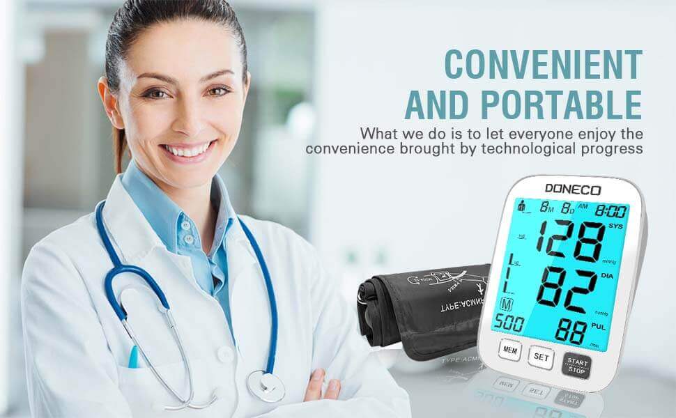 DONECO Blood Pressure Monitor Upper Arm Automatic Digital BP Monitor Adjustable Large Cuff Backlit Display - convenient and portable