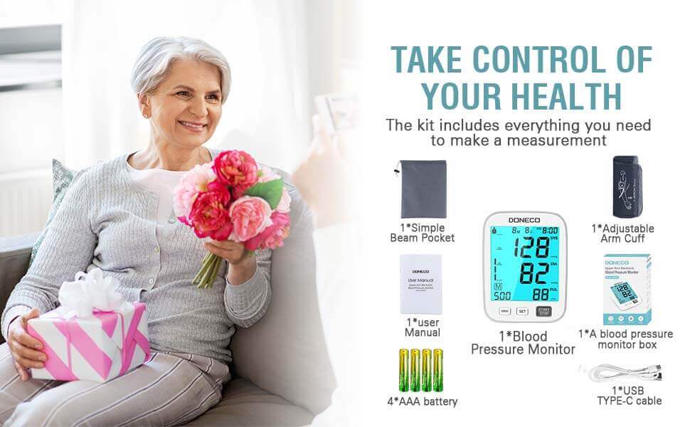 DONECO Blood Pressure Monitor Upper Arm Automatic Digital BP Monitor Adjustable Large Cuff Backlit Display - take control of your health