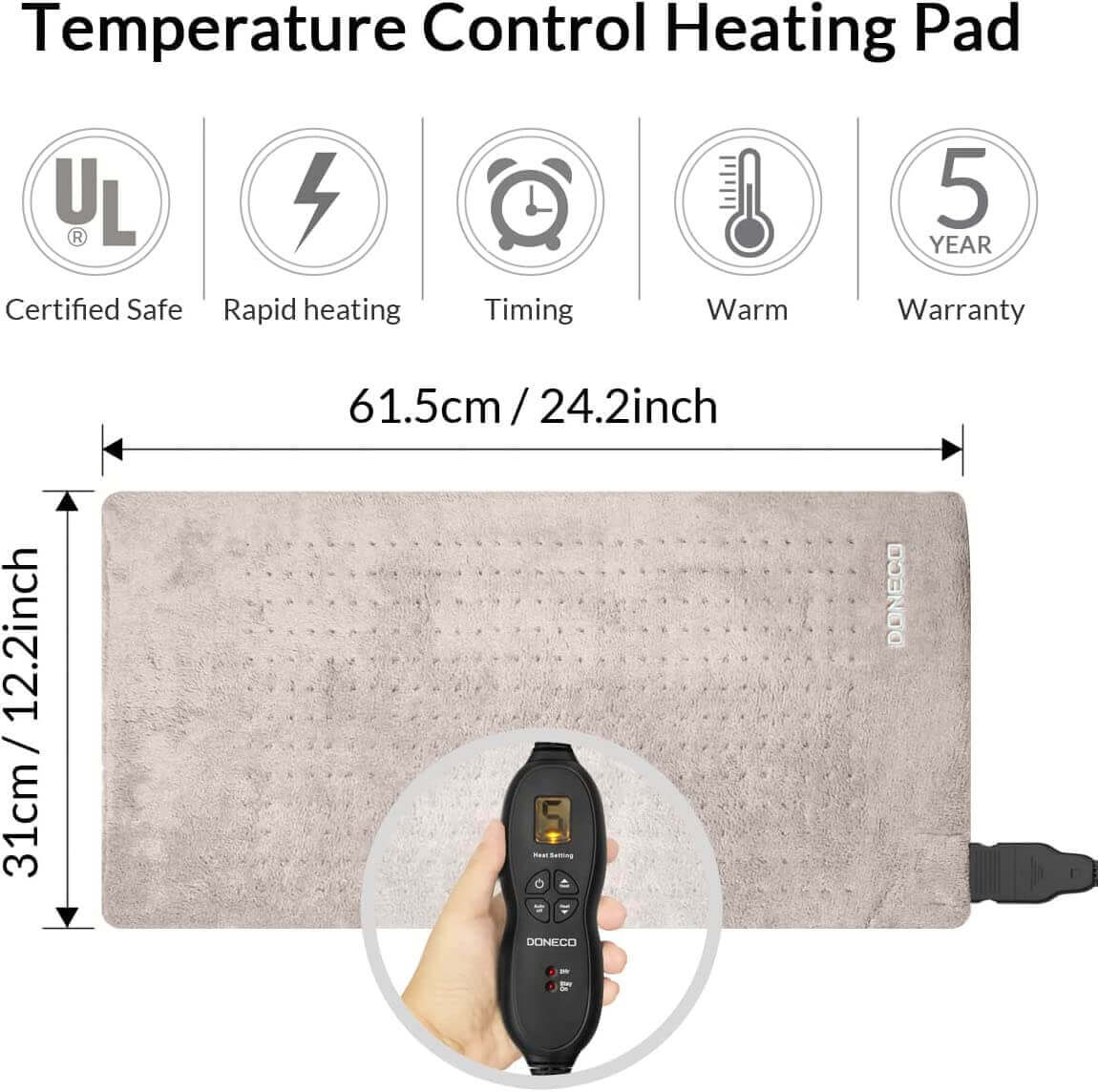 DONECO King Size XpressHeat Heating Pad (12 x 24 in) - Electric Heating Pad for Back Pain and Cramps - Temperature Control Heating Pad