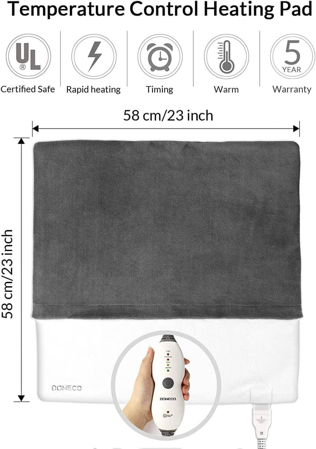 DONECO King Size Heating Pad (22 x 22 in), Electric Foot Warmer with 4 Temperature Settings and Fast-Heating Technology - Temperature Control Heating Pad